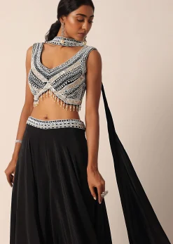 Black Bead Embellished Blouse And Palazzo Set