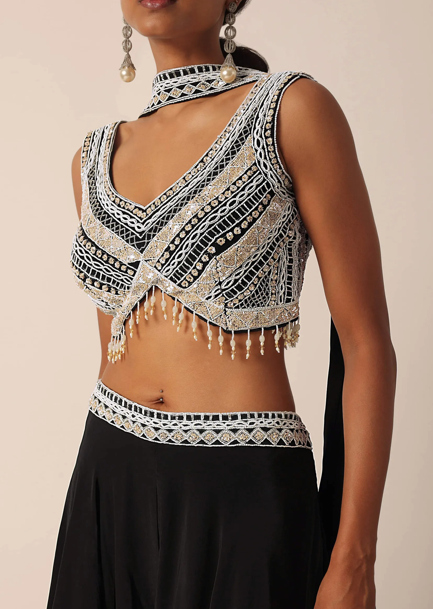 Black Bead Embellished Blouse And Palazzo Set