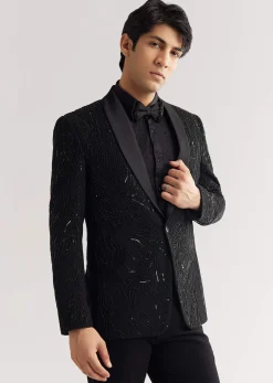 Black Beads And Sequin Embroidered Tuxedo Suit