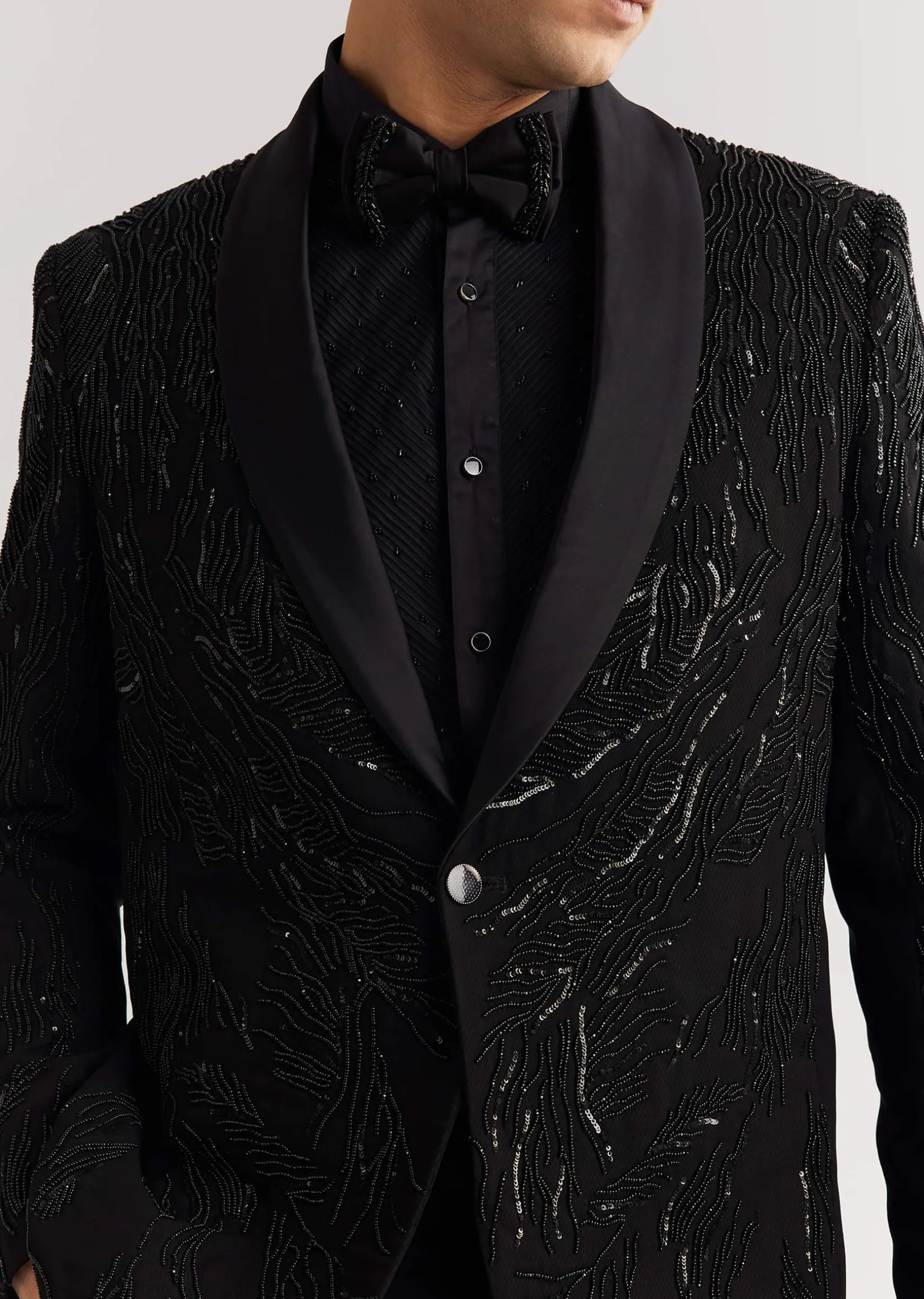 Black Beads And Sequin Embroidered Tuxedo Suit