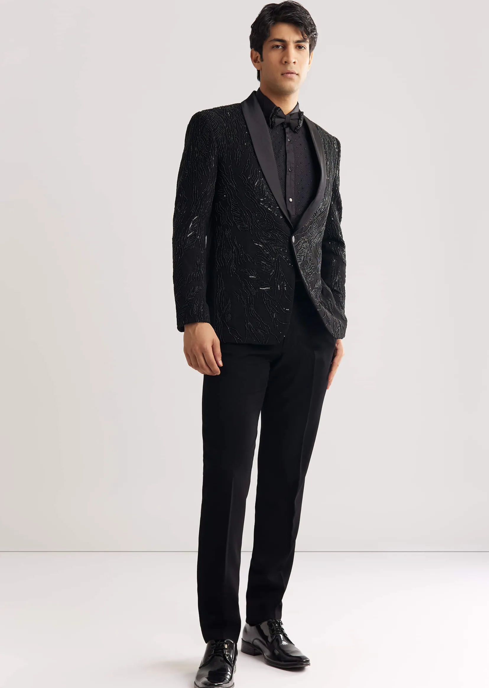 Black Beads And Sequin Embroidered Tuxedo Suit