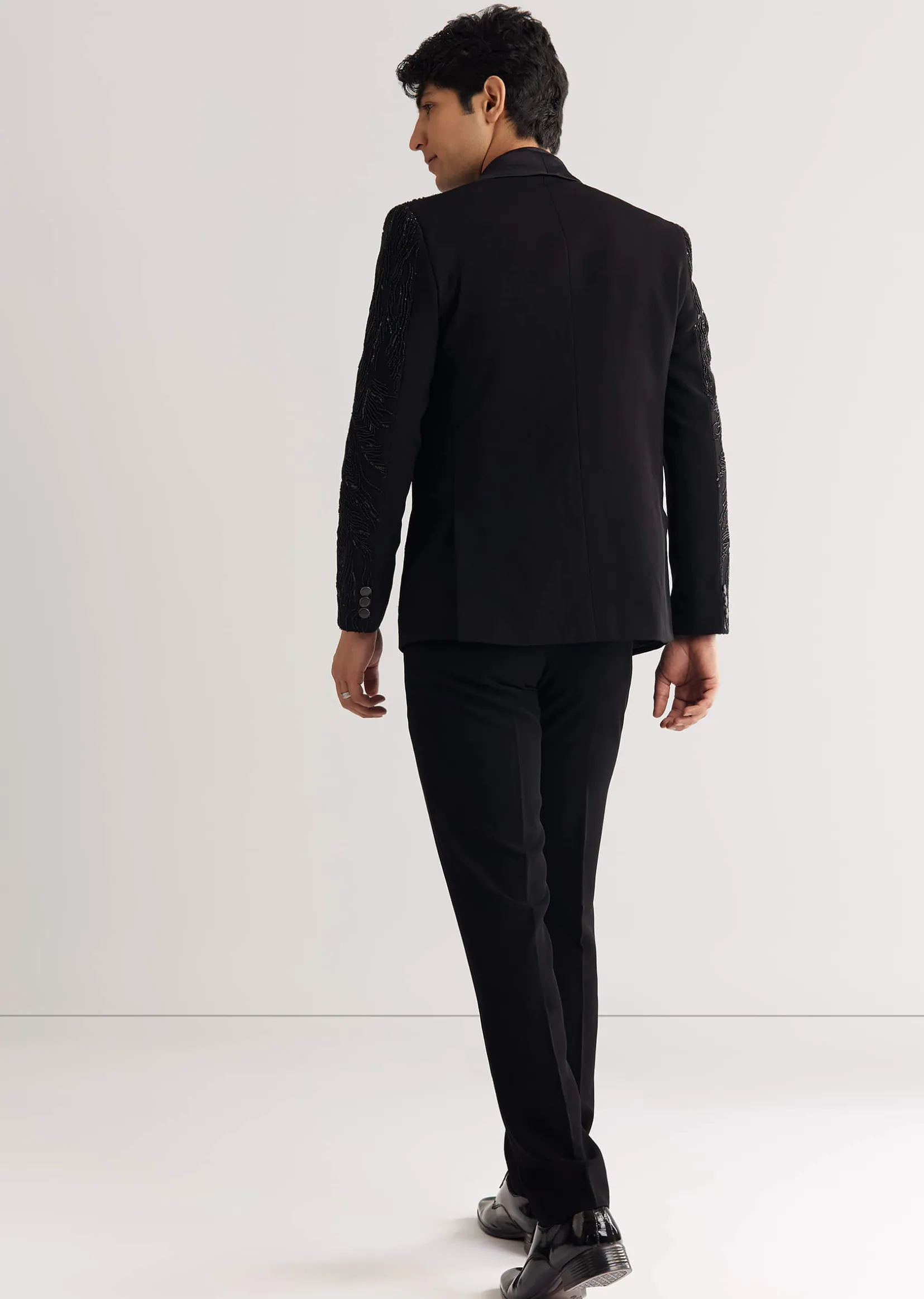 Black Beads And Sequin Embroidered Tuxedo Suit