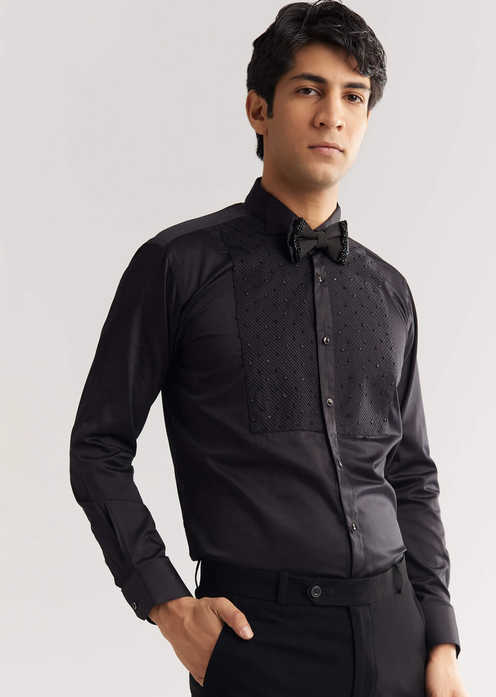 Black Beads And Sequin Embroidered Tuxedo Suit