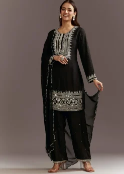 Black Beads And Sequins Work Kurta Set With Organza Dupatta