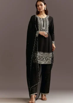 Black Beads And Sequins Work Kurta Set With Organza Dupatta