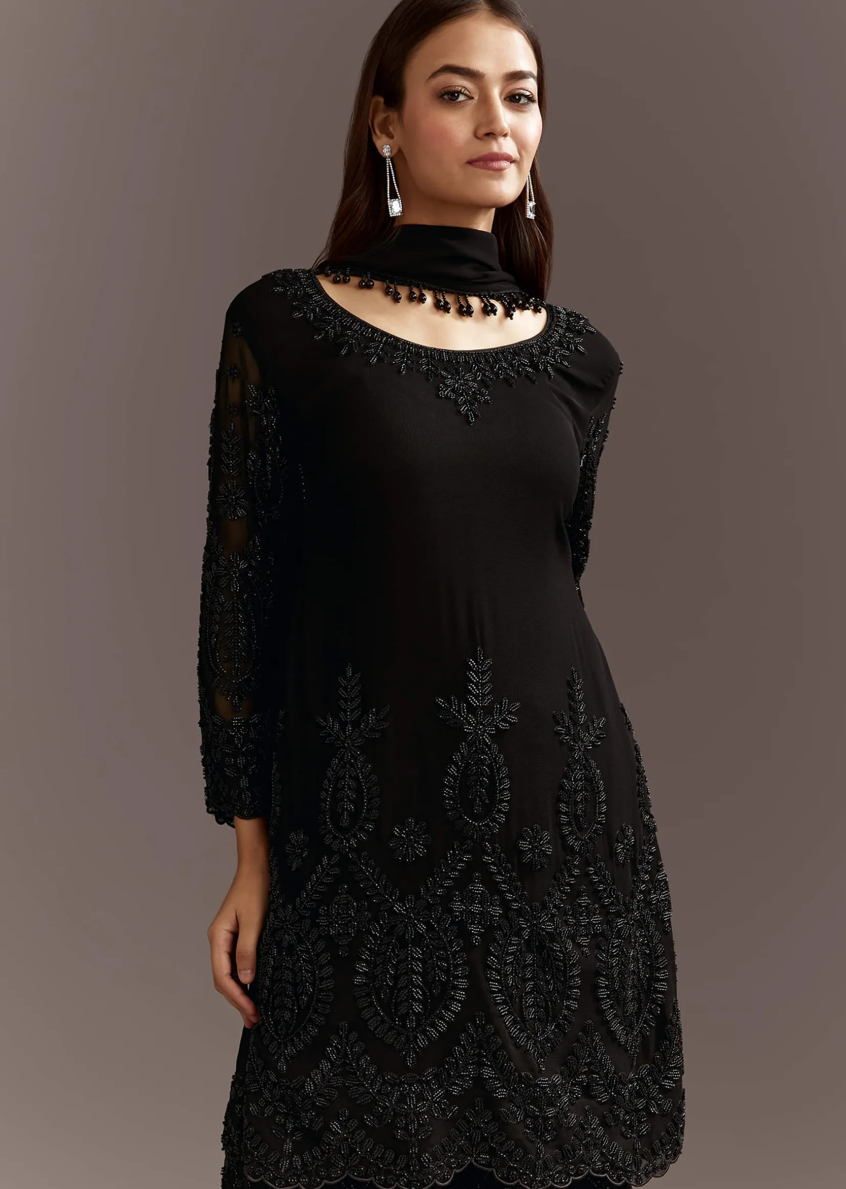 Black Beads Work Georgette Kurta With Fully Beaded Pant