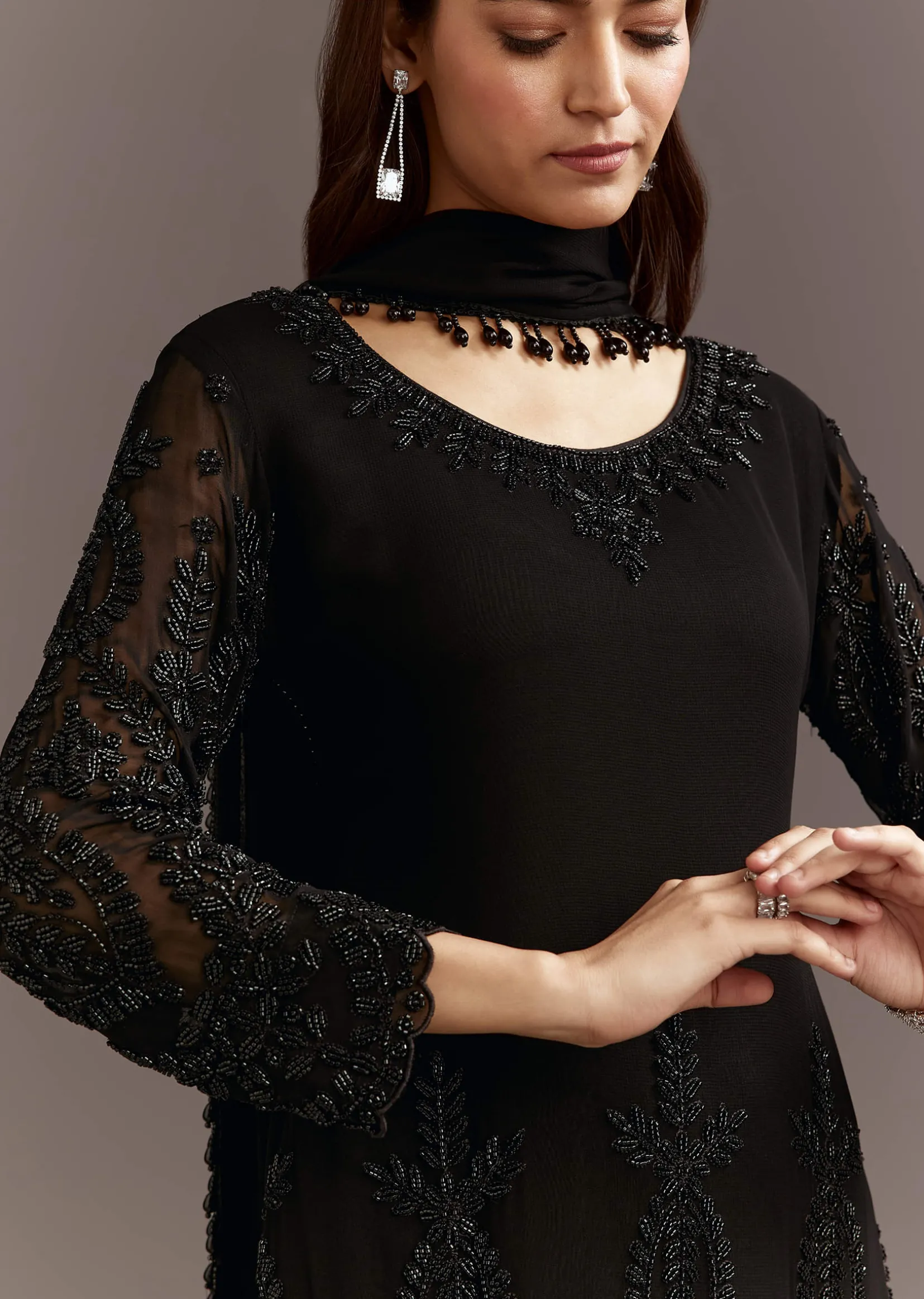 Black Beads Work Georgette Kurta With Fully Beaded Pant