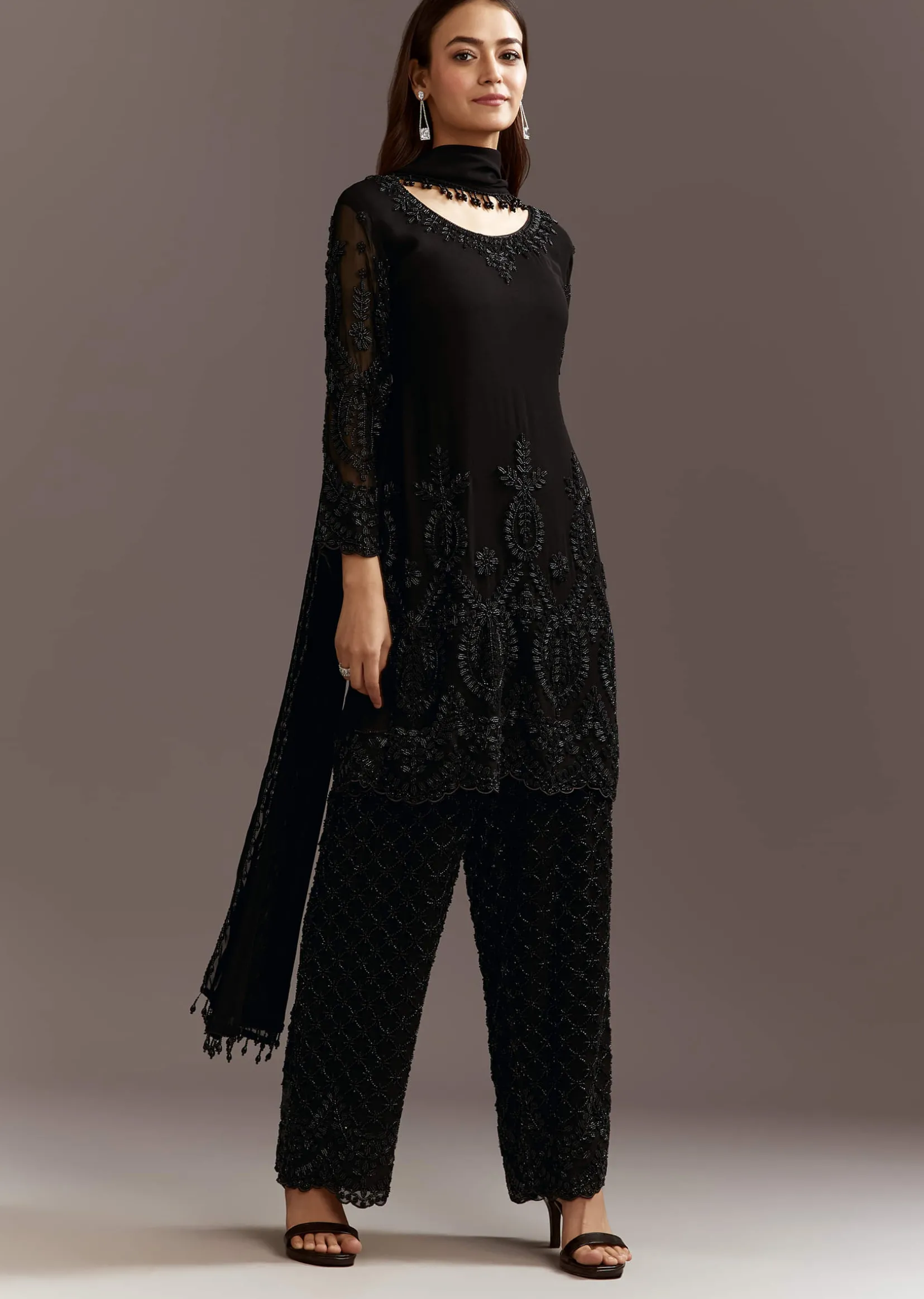 Black Beads Work Georgette Kurta With Fully Beaded Pant