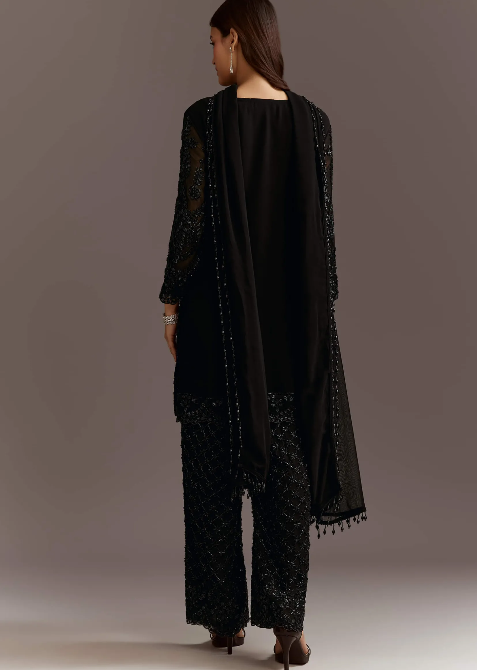 Black Beads Work Georgette Kurta With Fully Beaded Pant