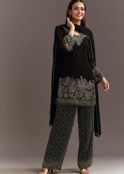Black Beads Work Kurta Dupatta Set With Fully Beaded Pant