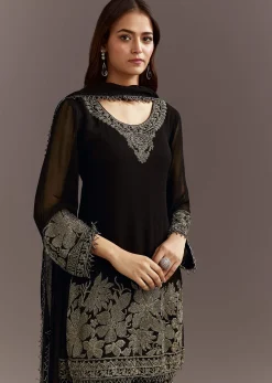 Black Beads Work Kurta Dupatta Set With Fully Beaded Pant