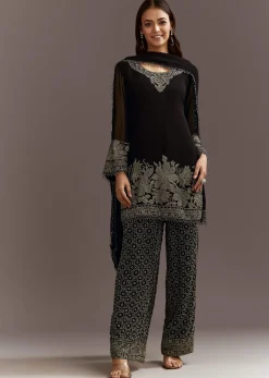 Black Beads Work Kurta Dupatta Set With Fully Beaded Pant