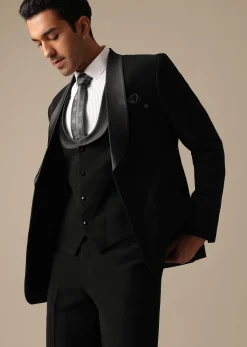 Black Blazer And Pant Set Tuxedo With Cutwork Detail