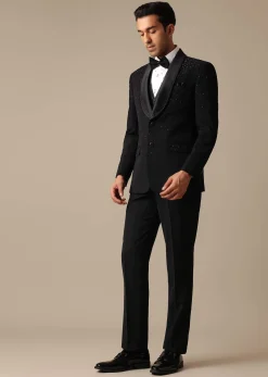 Black Blazer And Pant Set With Embroidered Detail Tuxedo Set