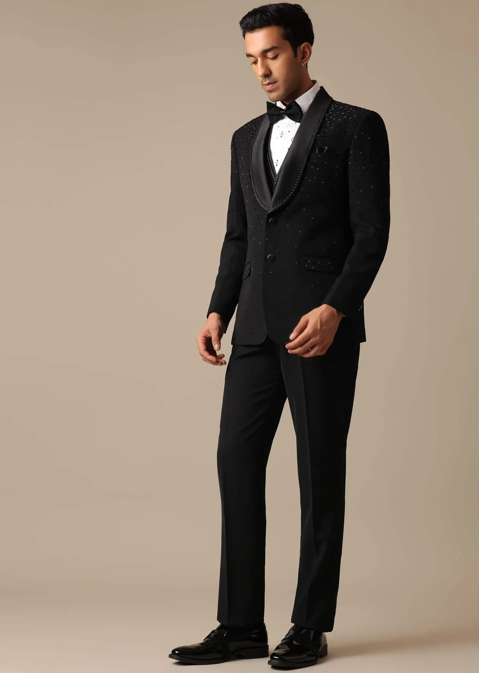 Black Blazer And Pant Set With Embroidered Detail Tuxedo Set