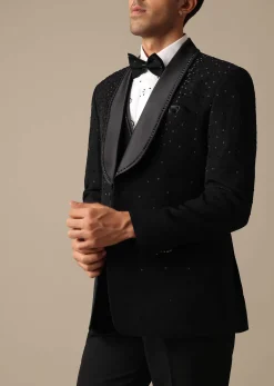 Black Blazer And Pant Set With Embroidered Detail Tuxedo Set
