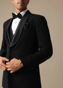 Black Blazer And Pant Set With Embroidered Detail Tuxedo Set