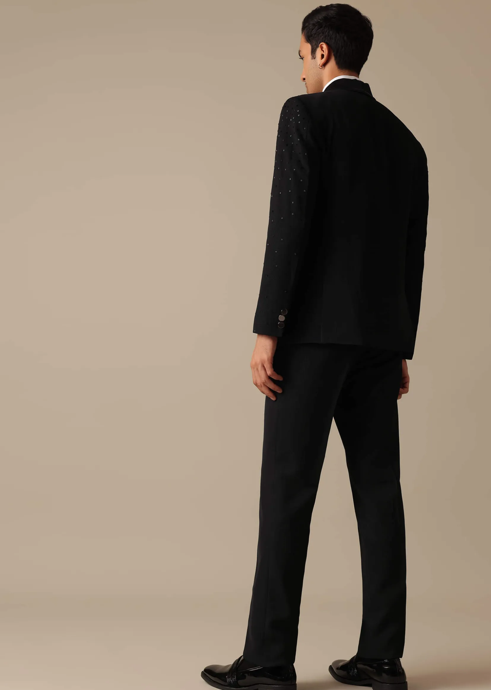 Black Blazer And Pant Set With Embroidered Detail Tuxedo Set