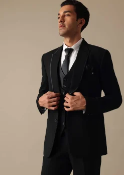 Black Blazer And Pant Tuxedo Set With Cutdana Work