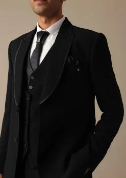 Black Blazer And Pant Tuxedo Set With Cutdana Work