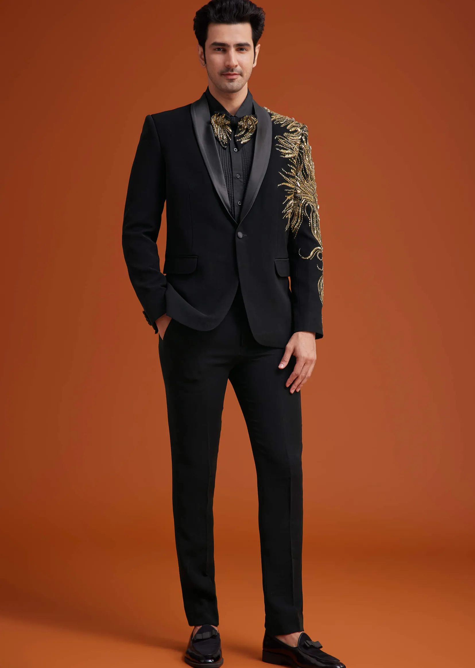 Black Blazer With Asymmetrical Gold Sequin And Bead Embroidery
