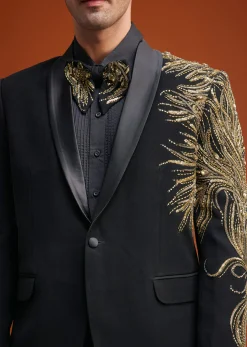 Black Blazer With Asymmetrical Gold Sequin And Bead Embroidery
