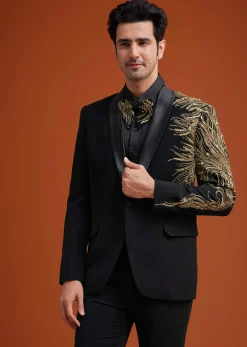 Black Blazer With Asymmetrical Gold Sequin And Bead Embroidery