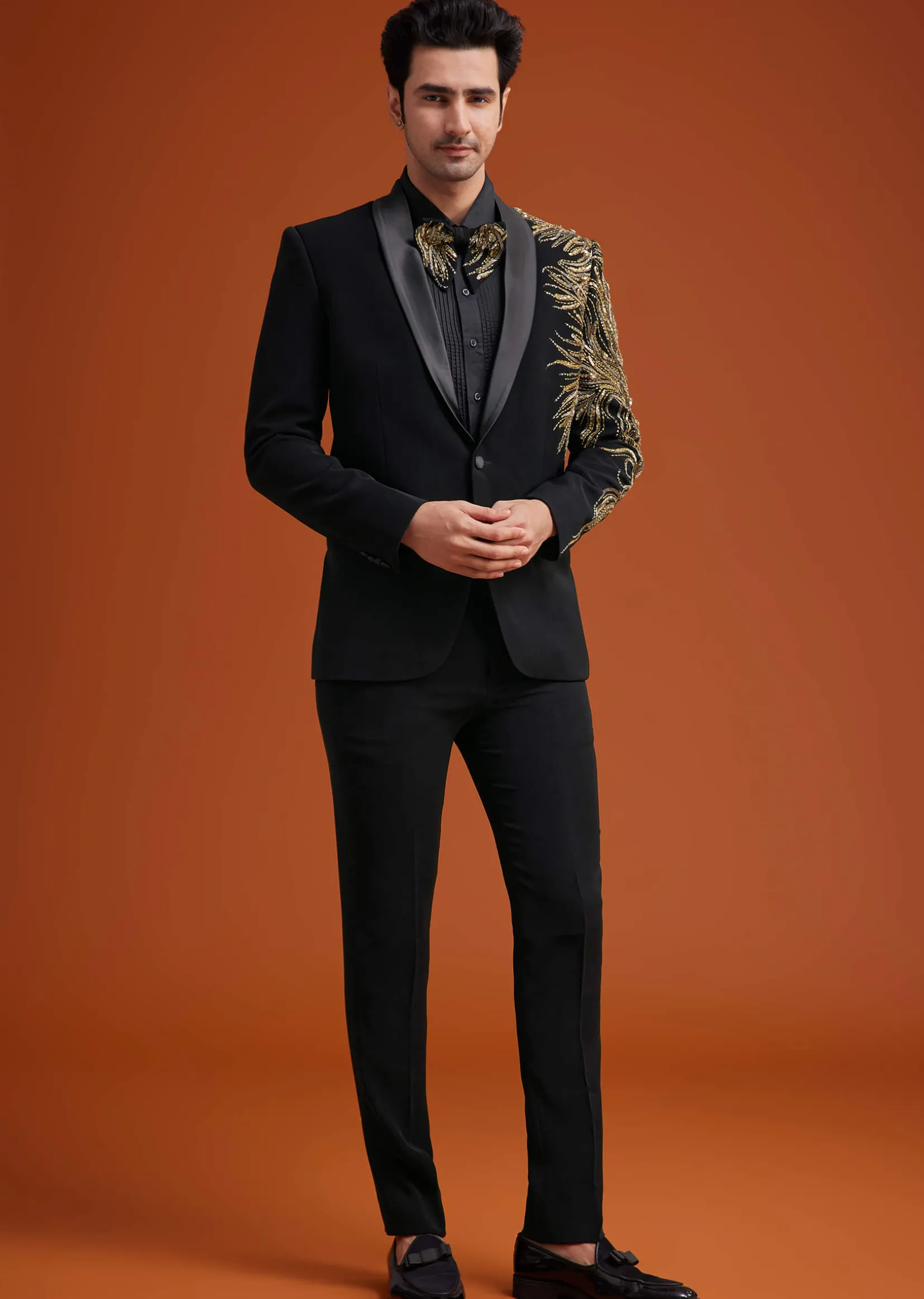 Black Blazer With Asymmetrical Gold Sequin And Bead Embroidery