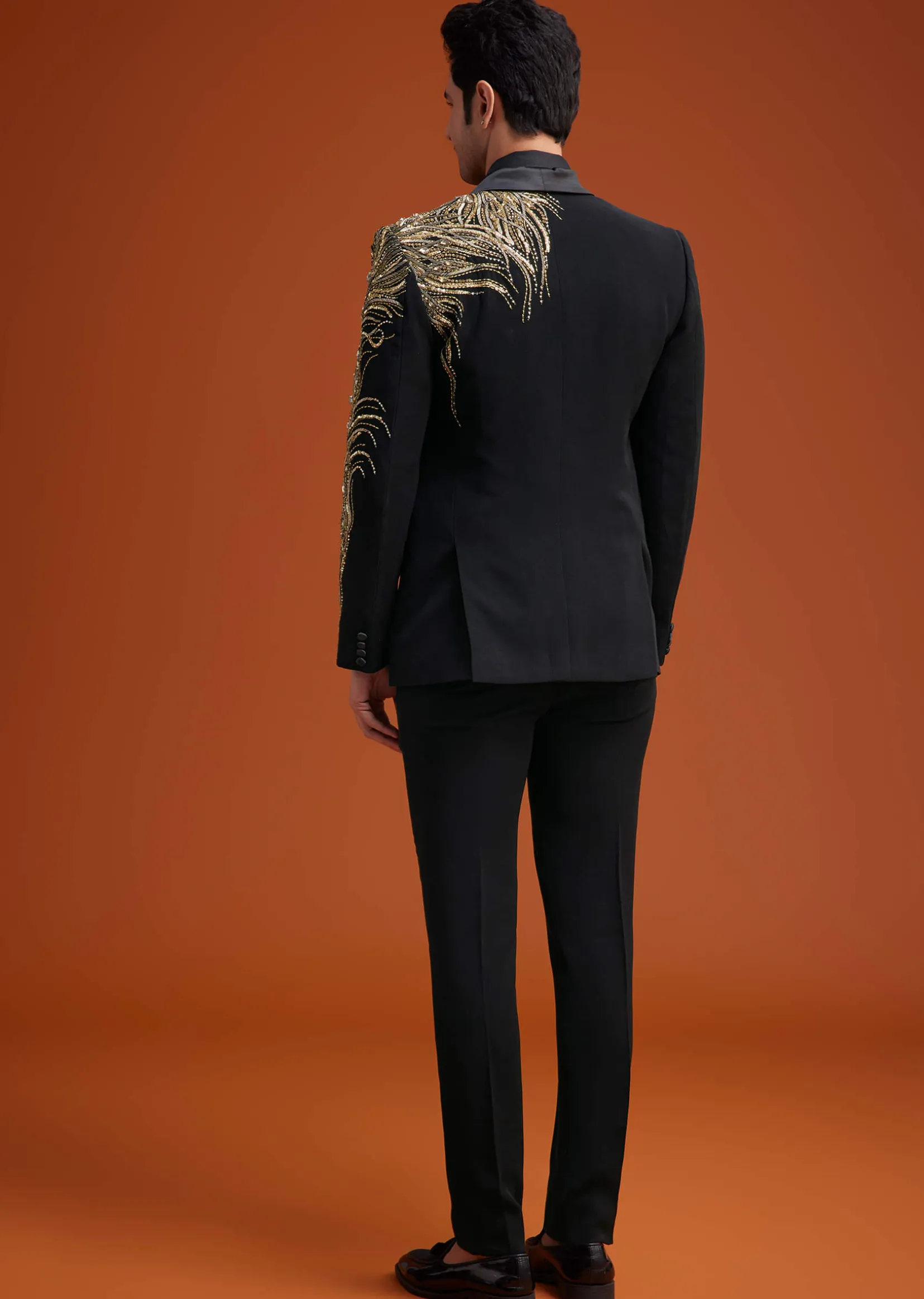 Black Blazer With Asymmetrical Gold Sequin And Bead Embroidery