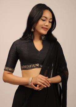 Black Blouse In Raw Silk With Resham And Cut Dana Embroidered Floral Motifs And Mandarin Collar Neckline