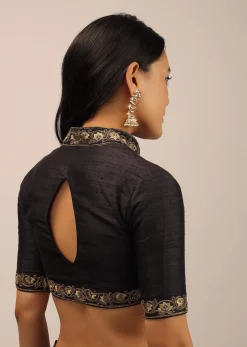Black Blouse In Raw Silk With Resham And Cut Dana Embroidered Floral Motifs And Mandarin Collar Neckline