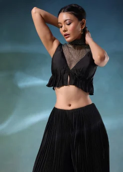Black Butterfly Mesh Blouse And Palazzo Set In Satin