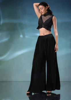 Black Butterfly Mesh Blouse And Palazzo Set In Satin