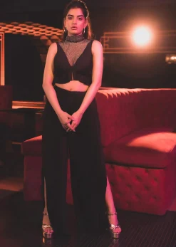 Black Butterfly Mesh Blouse And Palazzo Set In Satin