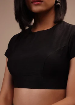 Black Cap Sleeves Blouse In The Round Neck. Raw Silk With Cut Out Back Neck And Hook Closure