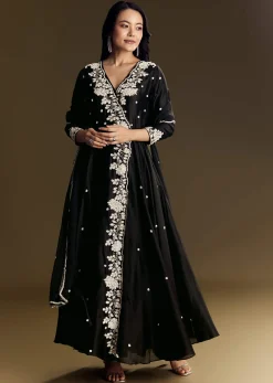 Black Chanderi Anarkali Suit With Moti And Sequins Work