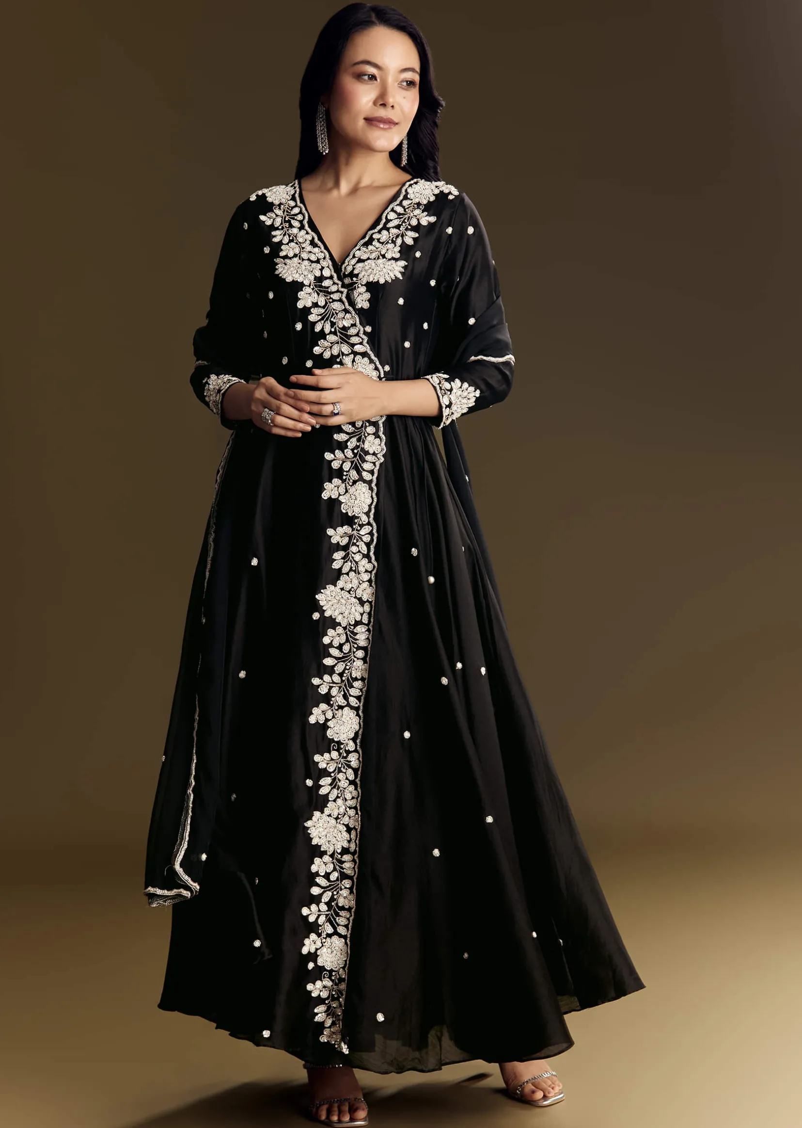 Black Chanderi Anarkali Suit With Moti And Sequins Work