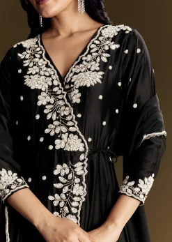 Black Chanderi Anarkali Suit With Moti And Sequins Work