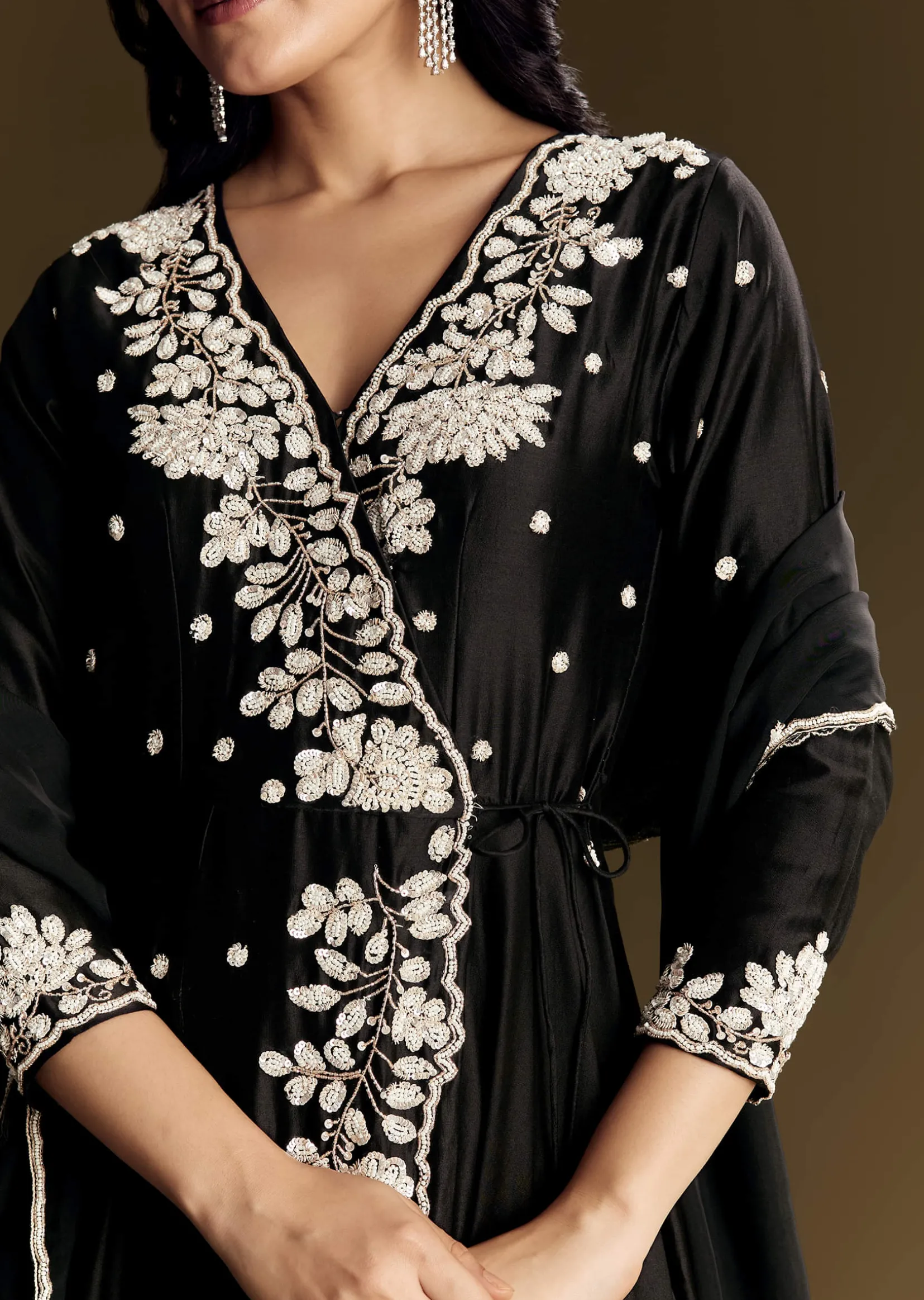 Black Chanderi Anarkali Suit With Moti And Sequins Work