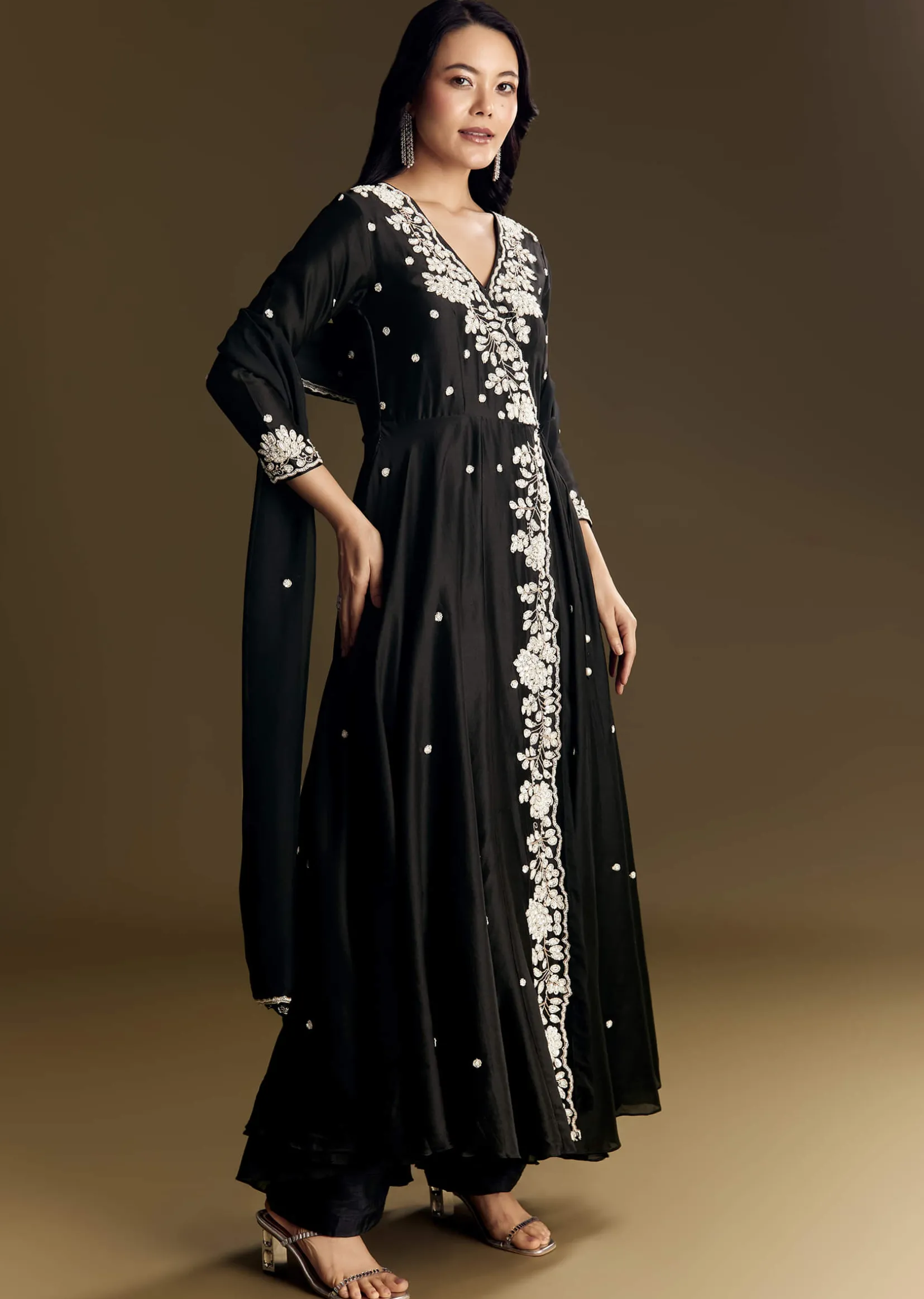 Black Chanderi Anarkali Suit With Moti And Sequins Work