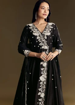 Black Chanderi Anarkali Suit With Moti And Sequins Work