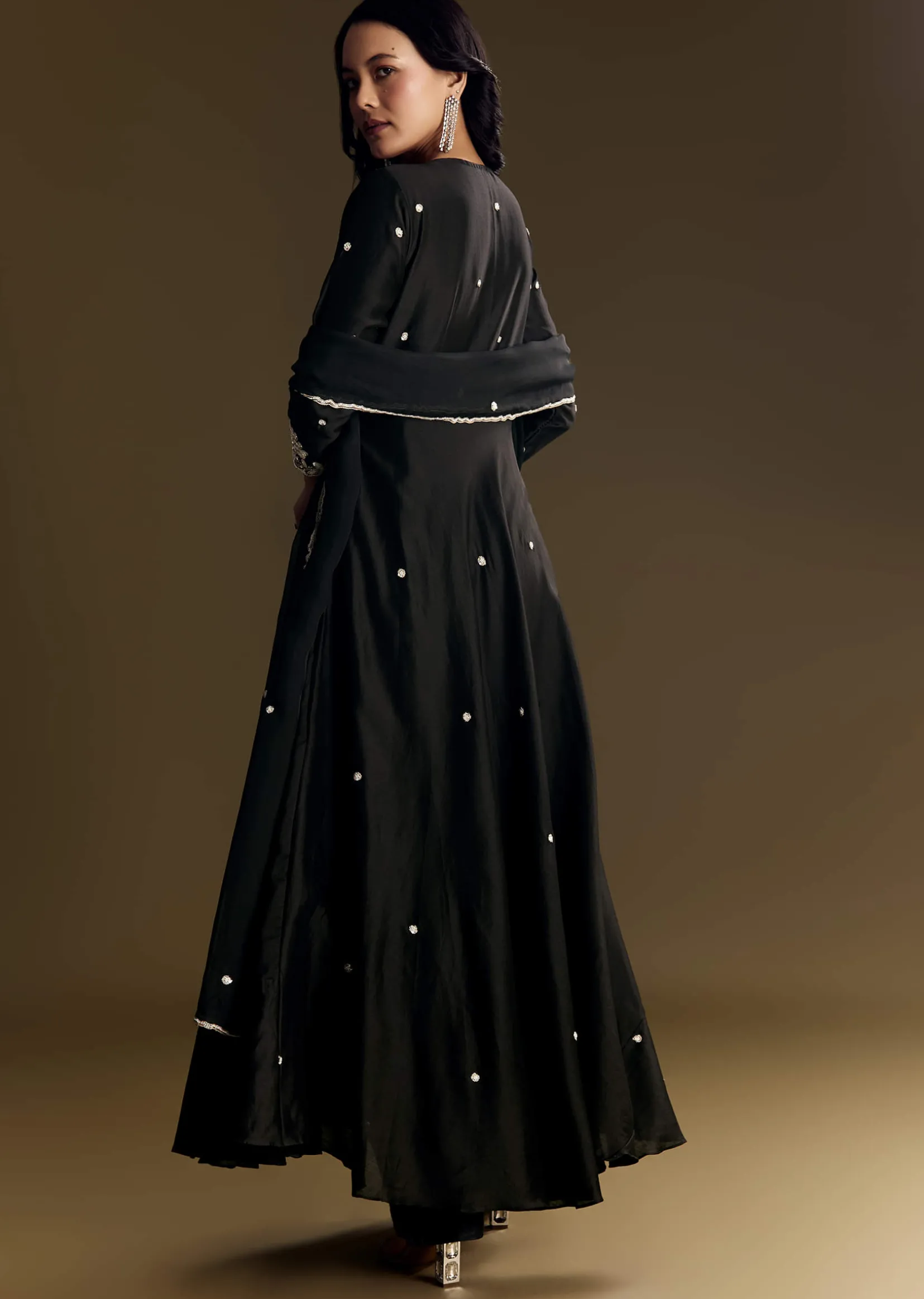 Black Chanderi Anarkali Suit With Moti And Sequins Work