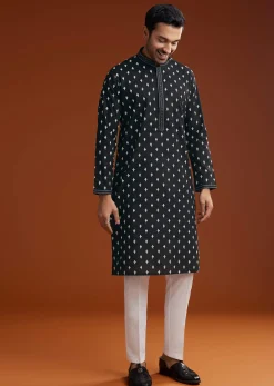 Black Chanderi Kurta Pant Set With Intricate Embroidery
