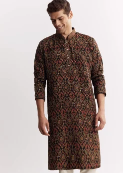 Black Chanderi Printed Kurta Set With Mandarin Collar