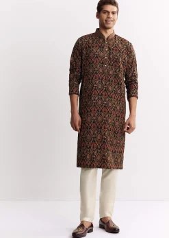 Black Chanderi Printed Kurta Set With Mandarin Collar