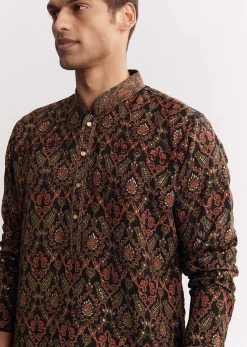 Black Chanderi Printed Kurta Set With Mandarin Collar