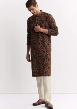 Black Chanderi Printed Kurta Set With Mandarin Collar