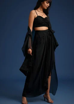 Black Chiffon Asymmetrical Skirt And Jacket Set