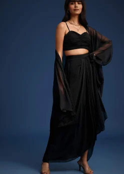 Black Chiffon Asymmetrical Skirt And Jacket Set