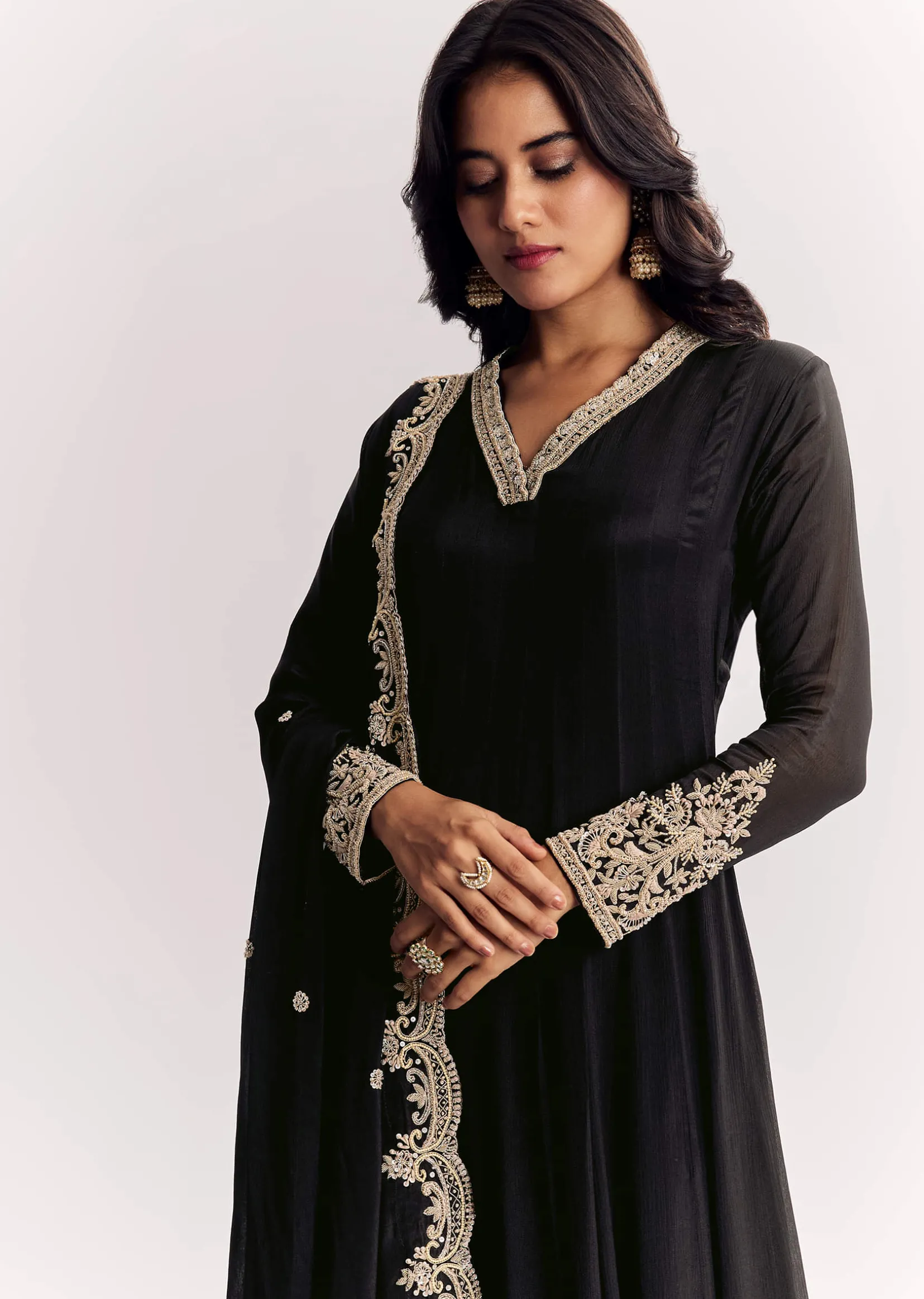 Black Chinon Anarkali Suit With Zardosi Work And Embroidered Dupatta